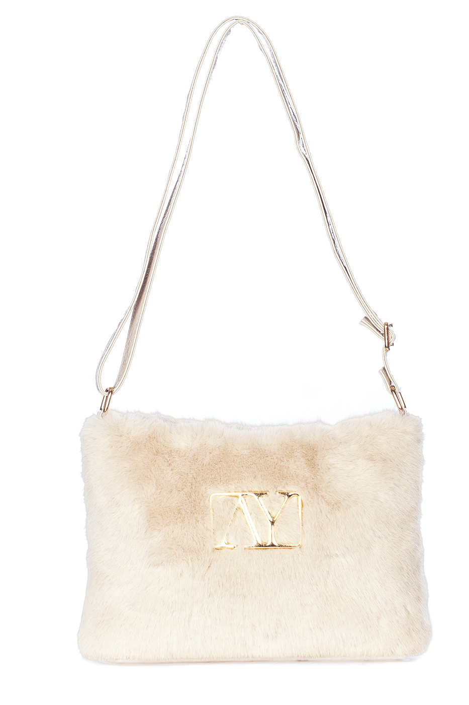 POCHETTE FAKE FUR CON LOGO E MANICO ECOPELLE, 28X23 - IVORY